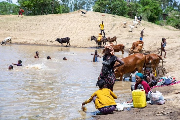 People washing clothes, bathing, swimming, and watering their cattle in a man-made dam in Keranso.