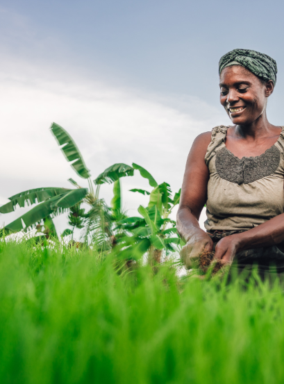 A smiling woman standing among banana plants